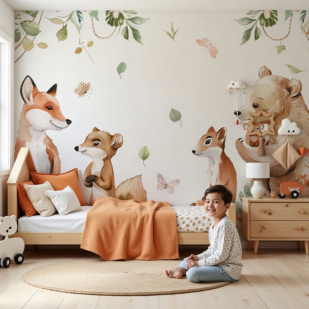 Enchanted forest mural wallpaper creating magical woodland nursery decor with butterflies by Kids-Mundo