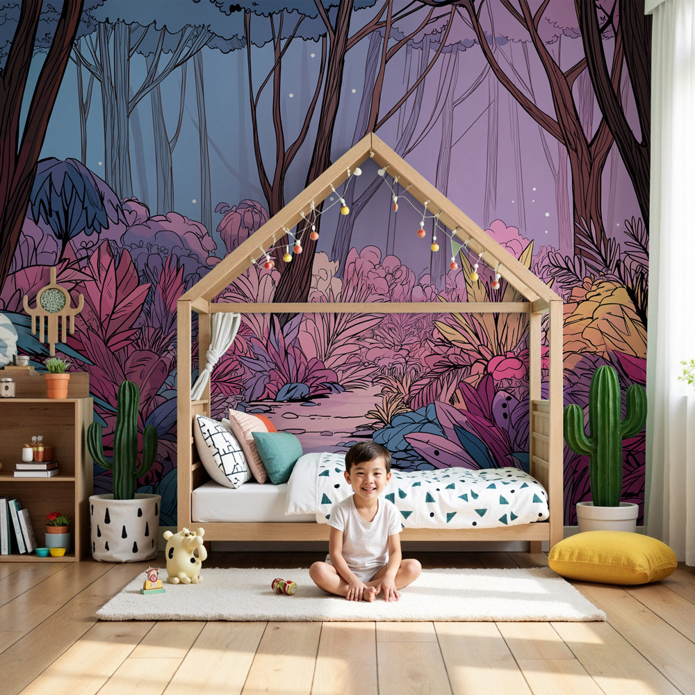 Enchanted forest mural wallpaper in magical kids nursery with pastel furniture by Kids-Mundo