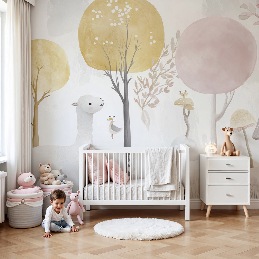 Enchanted forest mural wallpaper with llamas and pastel mushrooms in modern nursery by Kids-Mundo