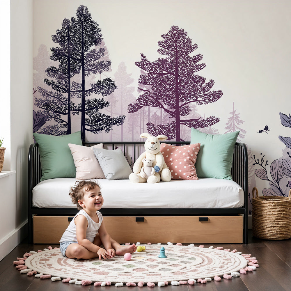 Enchanted forest mural wallpaper with purple trees and birds in modern nursery by Kids-Mundo