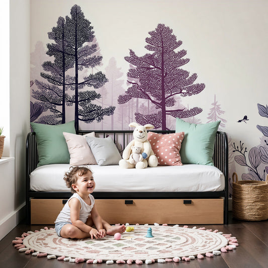 Enchanted forest mural wallpaper with purple trees and birds in modern nursery by Kids-Mundo