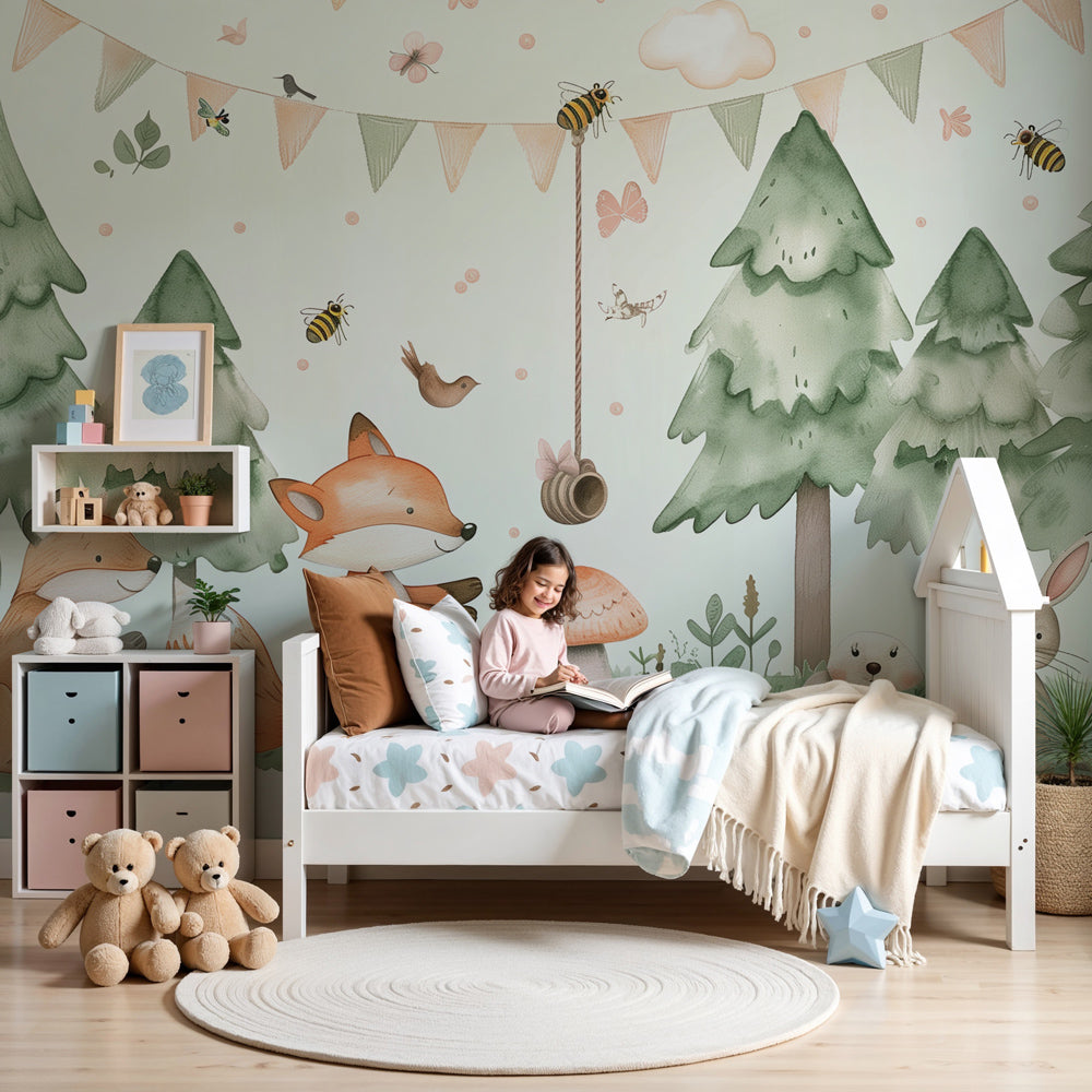 Enchanted forest mural wallpaper with pastel animals creating magical nursery decor by Kids-Mundo
