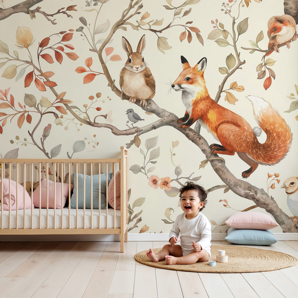 Enchanted forest mural wallpaper with woodland animals in modern nursery by Kids-Mundo