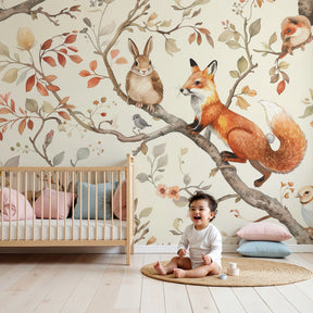 Enchanted forest mural wallpaper with woodland animals in modern nursery by Kids-Mundo