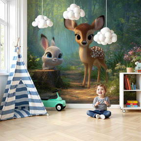 Enchanted forest mural wallpaper with fawn and rabbit in cozy nursery by Kids-Mundo