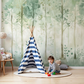 Enchanted forest mural wallpaper creating magical nursery atmosphere with pastel trees by Kids-Mundo