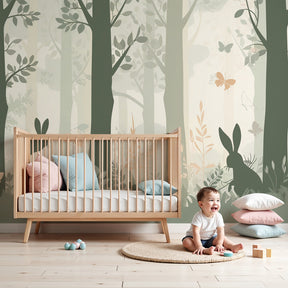 Enchanted forest mural wallpaper with rabbits and butterflies in cozy nursery setting by Kids-Mundo