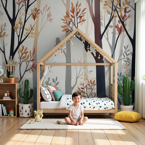 Enchanted forest mural wallpaper with owls in modern nursery room by Kids-Mundo