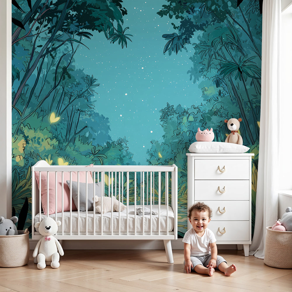Enchanted forest mural wallpaper with fireflies creating magical nursery atmosphere by Kids-Mundo