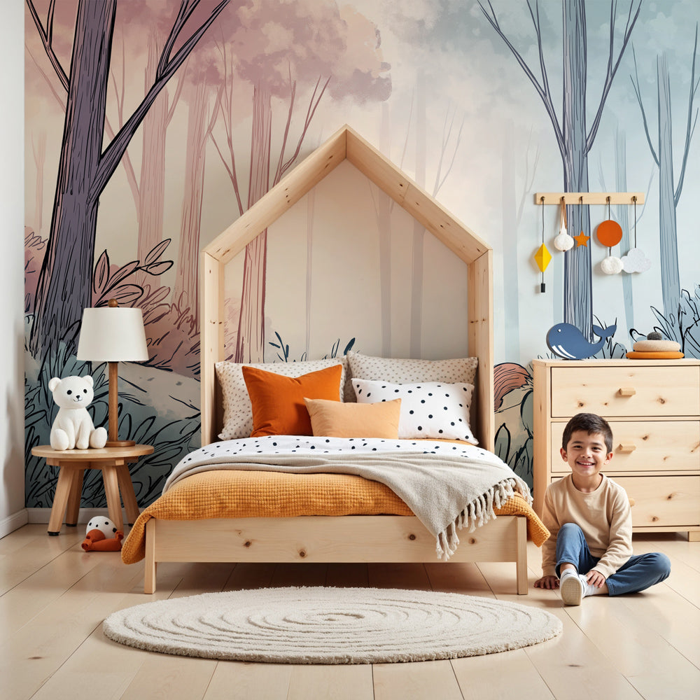 Enchanted forest mural wallpaper with curious squirrel in soft pink nursery by Kids-Mundo