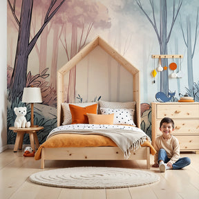 Enchanted forest mural wallpaper with curious squirrel in soft pink nursery by Kids-Mundo