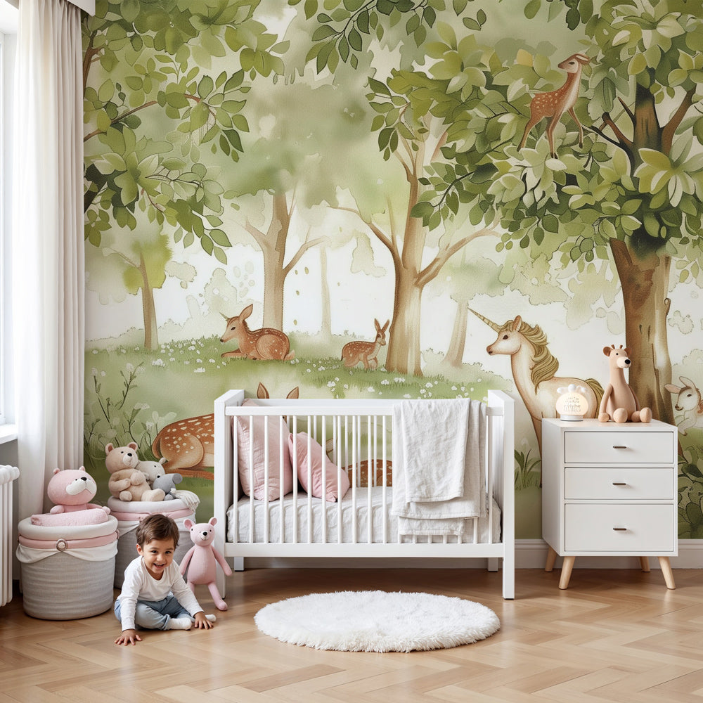 Enchanted forest mural wallpaper with unicorn and fawn in peaceful nursery setting by Kids-Mundo
