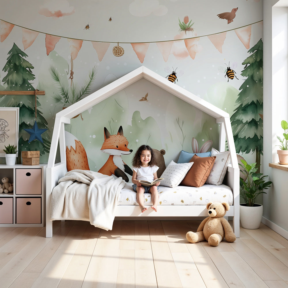 Enchanted forest mural wallpaper with woodland animals creating magical nursery decor by Kids-Mundo