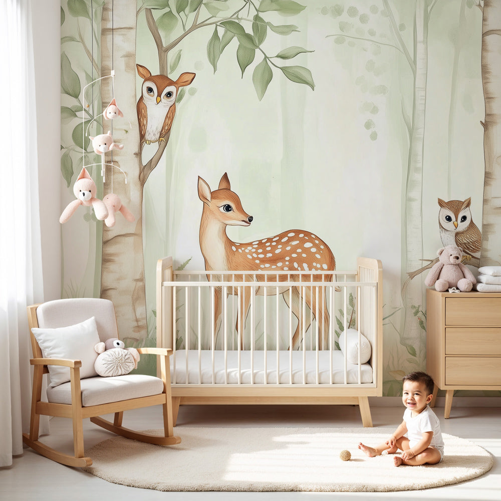 Enchanted forest mural wallpaper with deer and owls in modern nursery room by Kids-Mundo