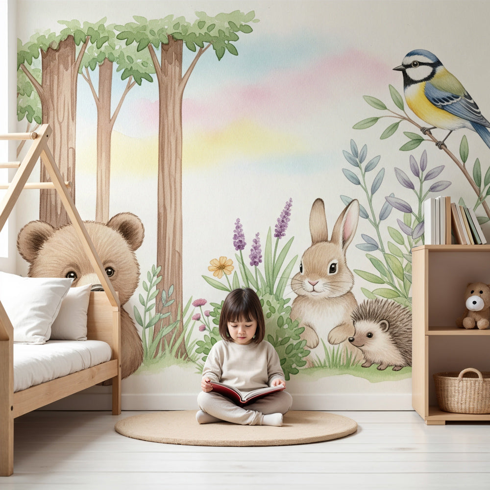 Enchanted forest mural wallpaper with woodland animals in modern nursery by Kids-Mundo