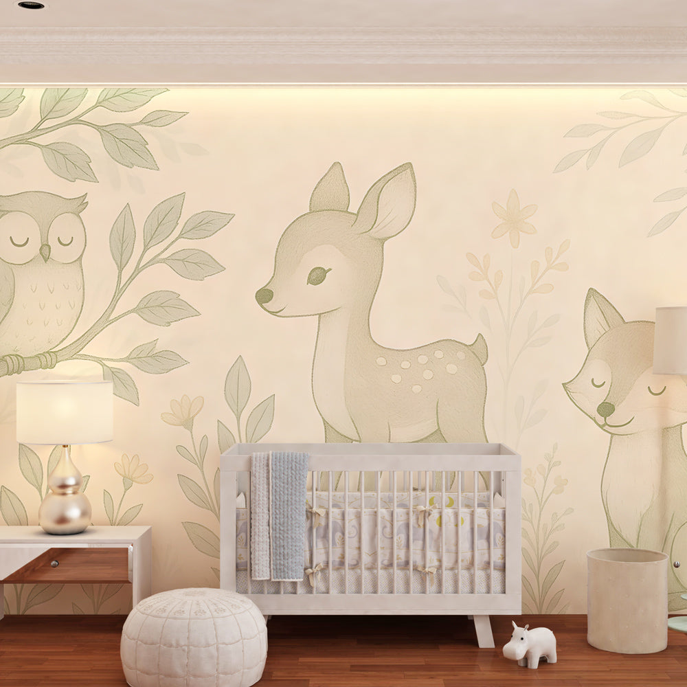 Forest themed mural wallpaper creating calming kids room environment with nature animals
