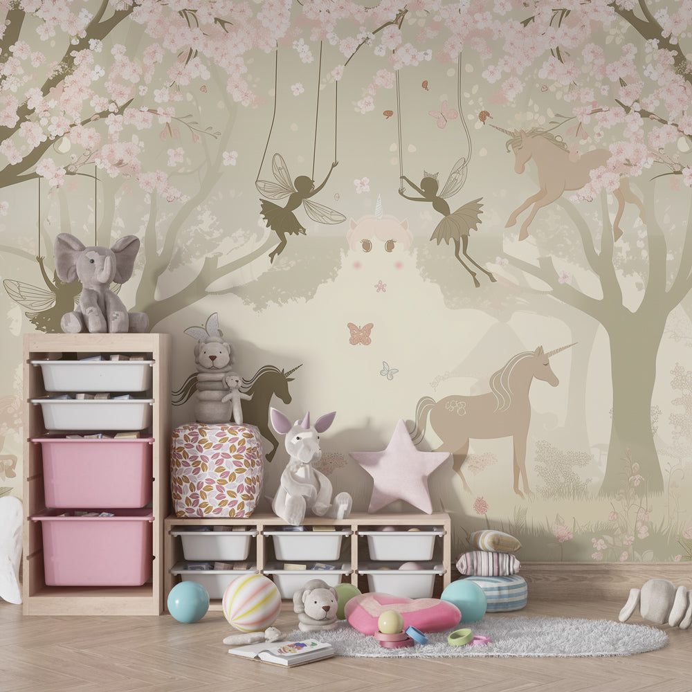 Whimsical forest wallpaper with unicorns transforming kids playroom into magical space