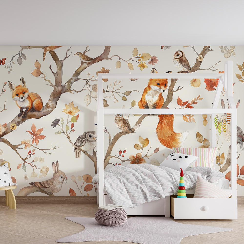 Multicolor forest wallpaper featuring foxes and owls in bright kids playroom setting