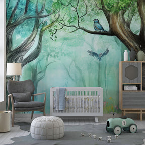 Whimsical forest mural wallpaper transforming kids playroom into woodland adventure space