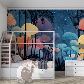 Whimsical woodland mural wallpaper transforming children's playroom into fairy tale space