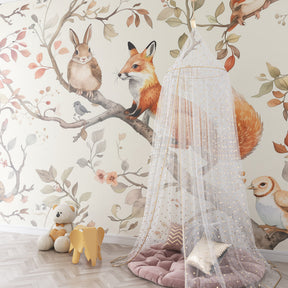 Woodland theme mural wallpaper with branches and animals for kids playroom by Kids-Mundo
