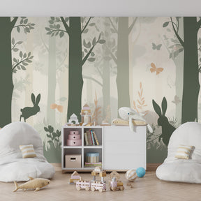 Forest themed mural wallpaper transforming kids playroom into magical woodland adventure space