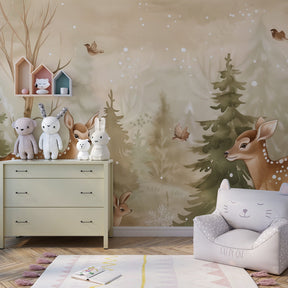 Whimsical woodland animal wallpaper transforming kids playroom into forest adventure