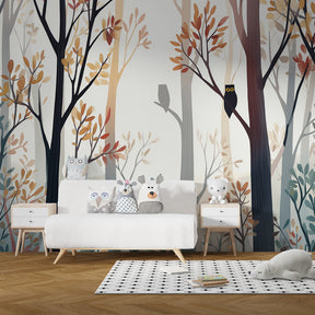Woodland themed mural wallpaper transforming kids playroom into enchanted forest sanctuary