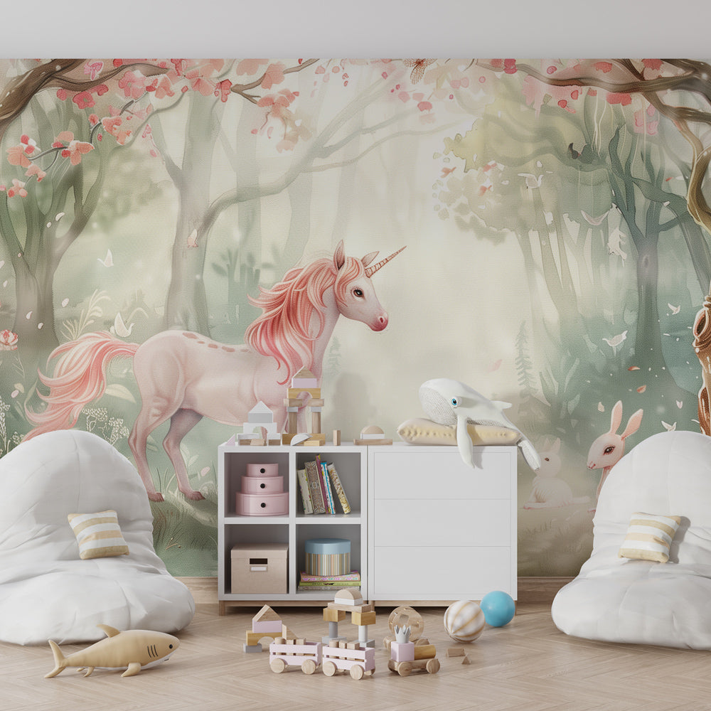 Magical woodland mural wallpaper transforming kids playroom into enchanted forest