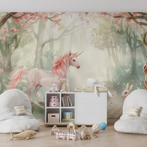 Magical woodland mural wallpaper transforming kids playroom into enchanted forest