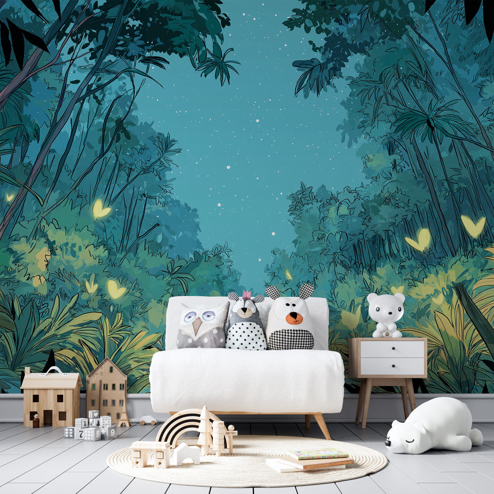 Mystical forest mural wallpaper with starlit sky transforming kids playroom decor
