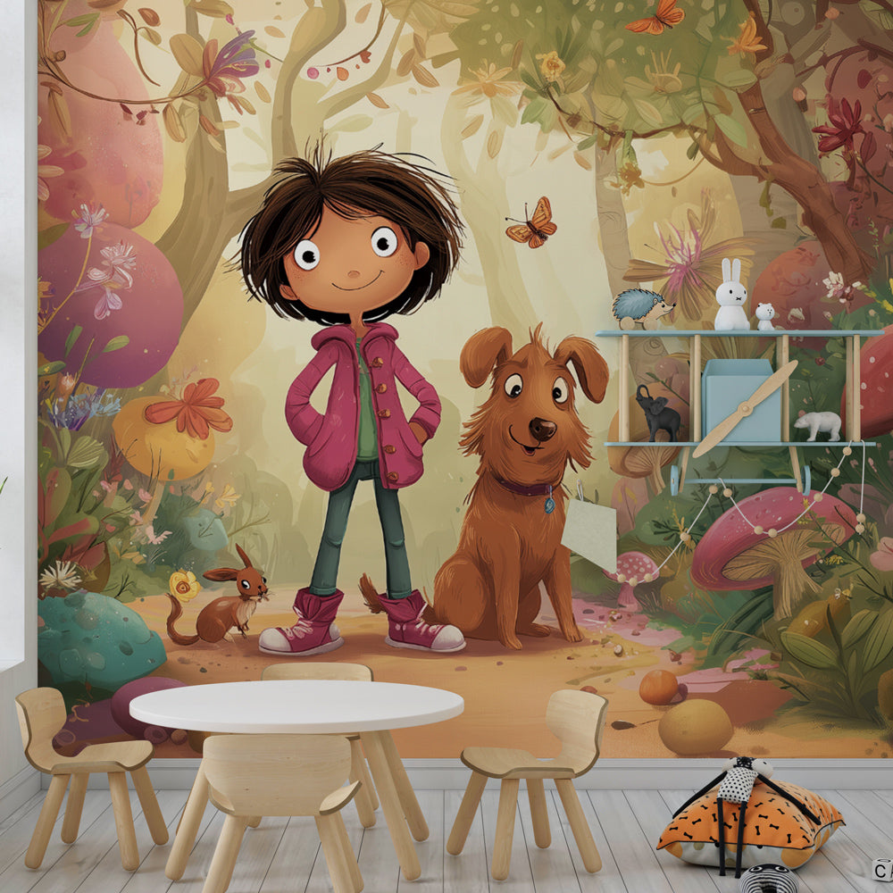 Fantasy forest wallpaper with mushrooms and butterflies for children's playroom by Kids-Mundo