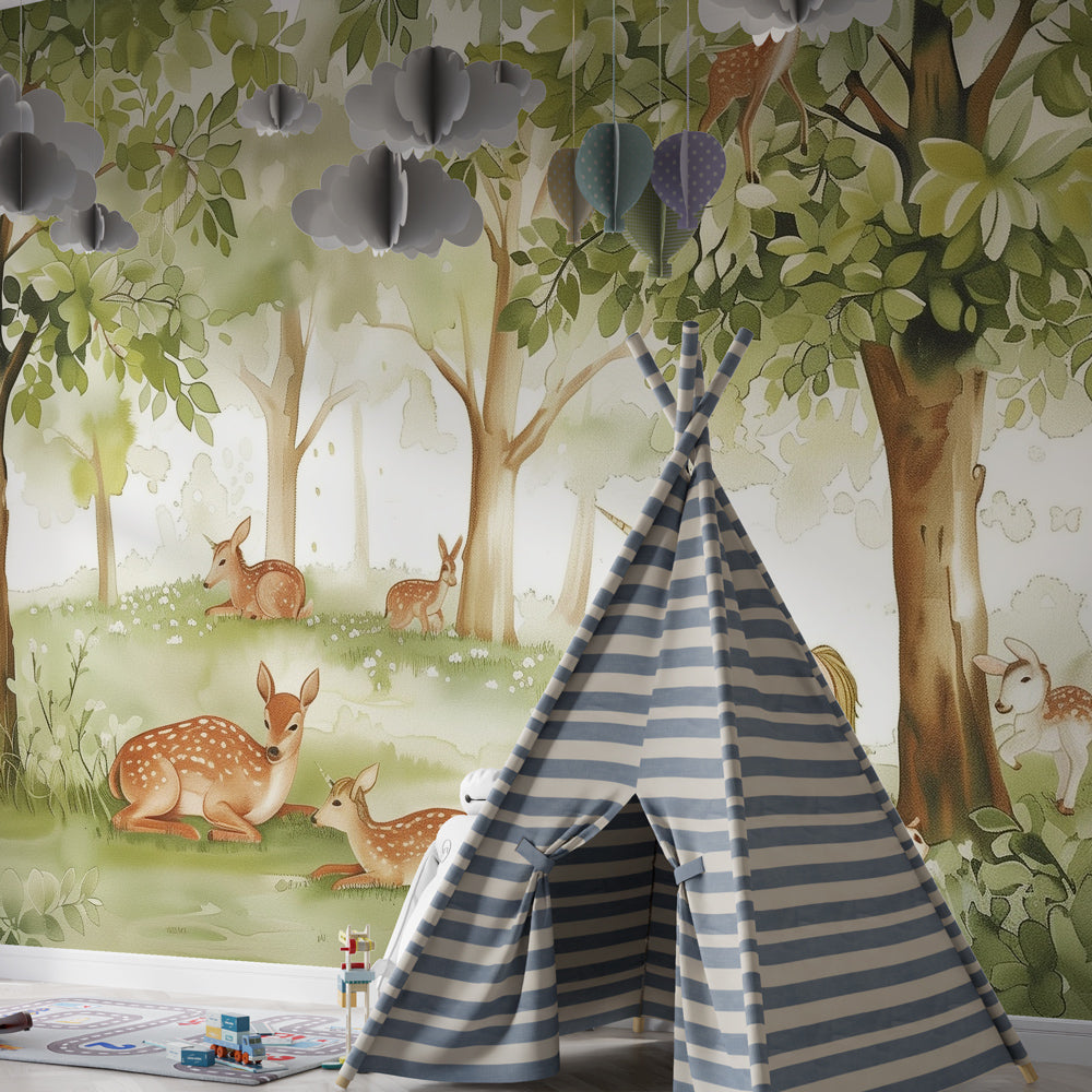 Fantasy forest mural wallpaper featuring unicorn and fawn in bright kids playroom by Kids-Mundo
