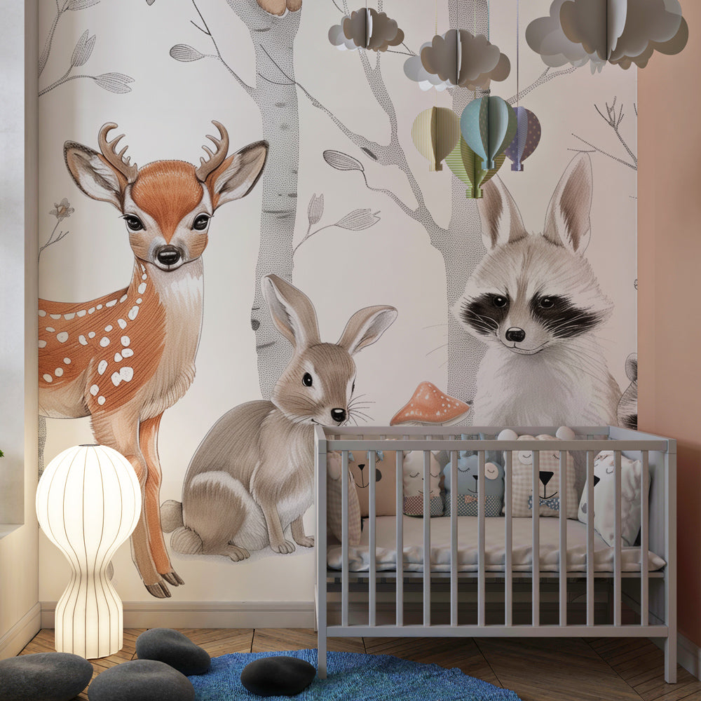 Forest themed mural wallpaper featuring deer and raccoons in colorful children's playroom