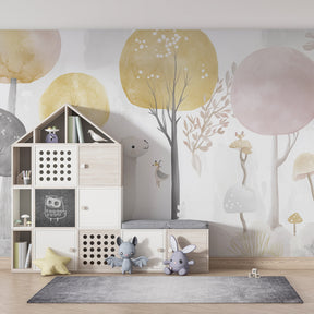 Whimsical forest mural wallpaper with llamas and mushrooms in colorful children's playroom