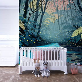 Magical forest mural wallpaper with fireflies illuminating kids playroom by Kids-Mundo