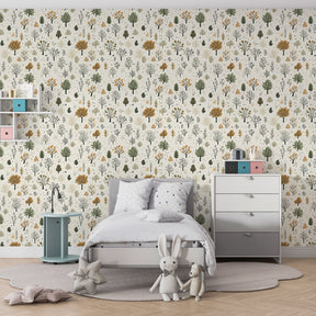 Nature-inspired forest wallpaper creating calming playroom environment for kids