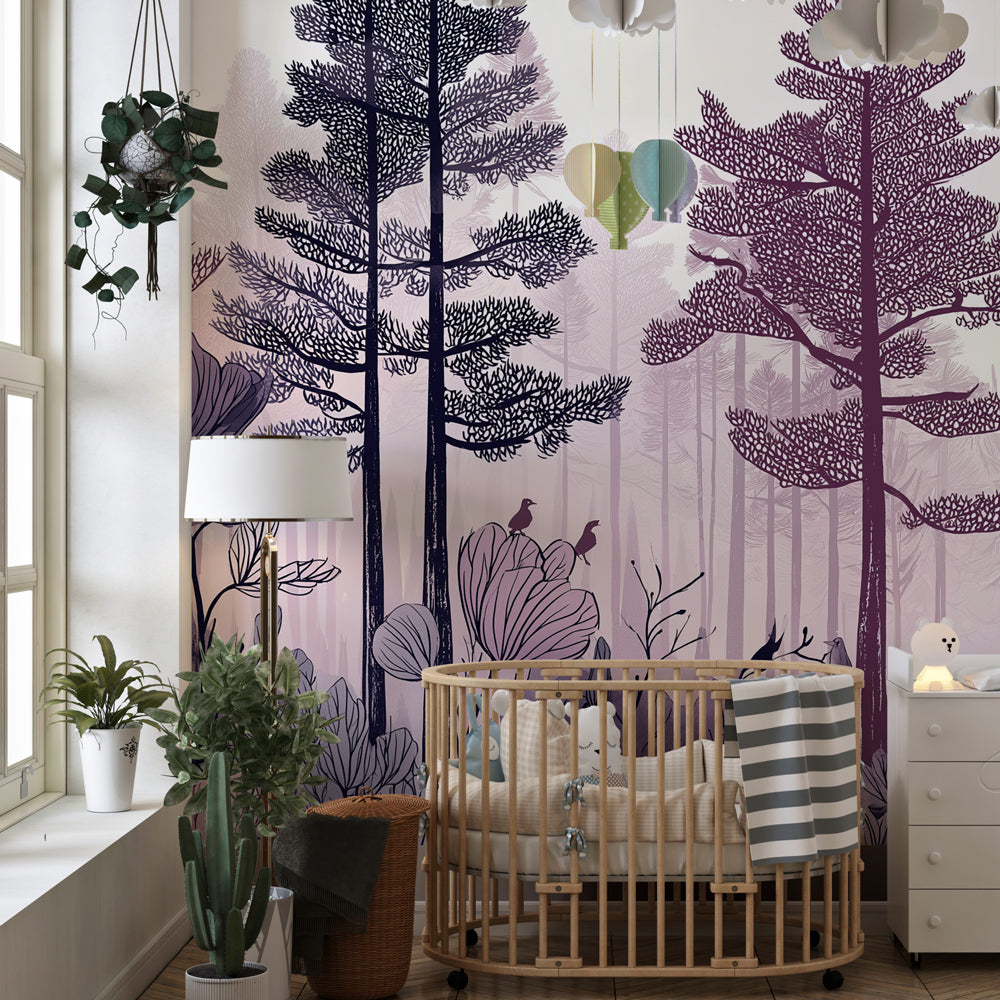 Forest themed mural wallpaper with colorful flowers transforming toddler's room into fairy-tale space