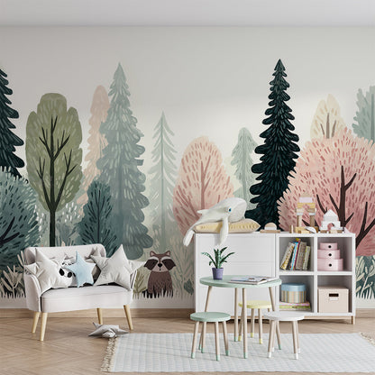 Kids-Mundo woodland owl raccoon wall mural forming a feature wall in a bedroom
