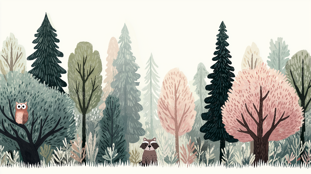 Enchanted Forest with Owl and Raccoon Wall Mural