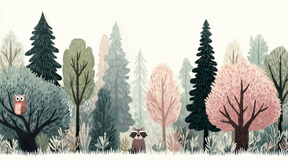 Kids-Mundo enchanted forest with owl and raccoon wall mural artwork shown in full