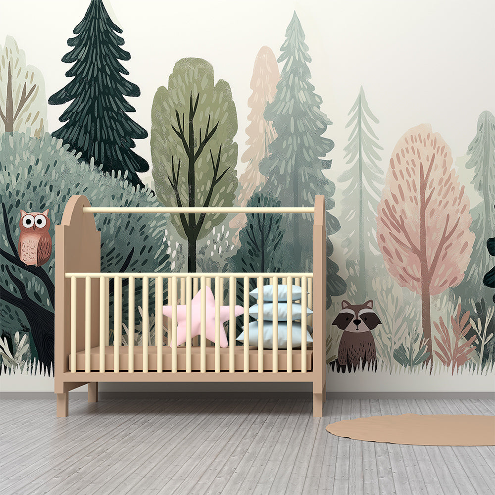 Kids-Mundo pastel forest mural bringing a hushed scene to a children's playroom