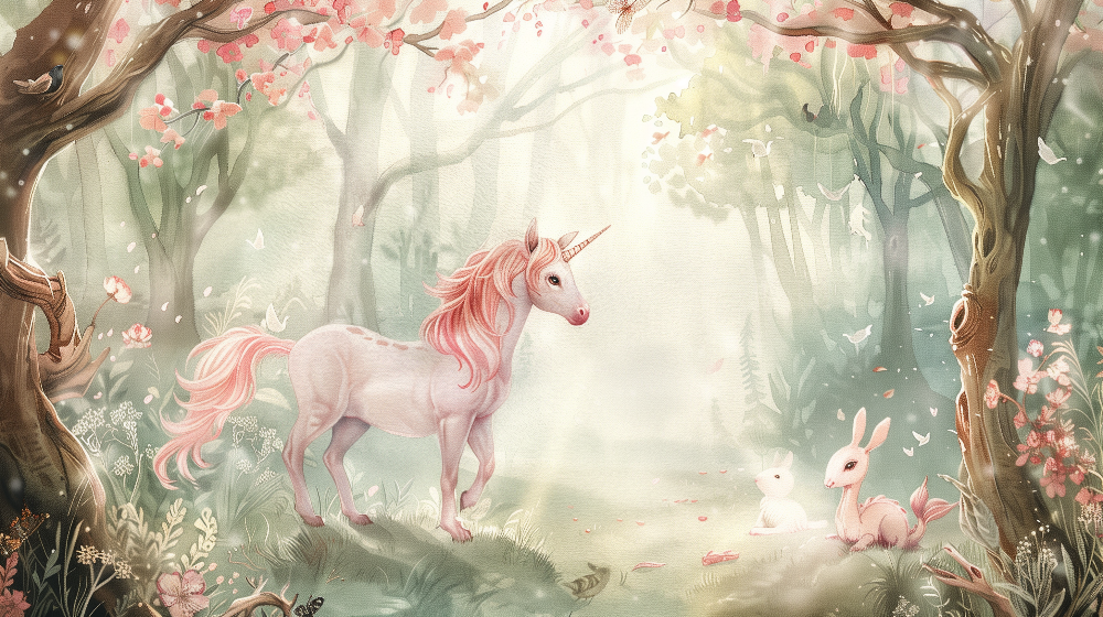 Kids-Mundo enchanted forest wall mural flat artwork with unicorn, bunnies and blossom trees