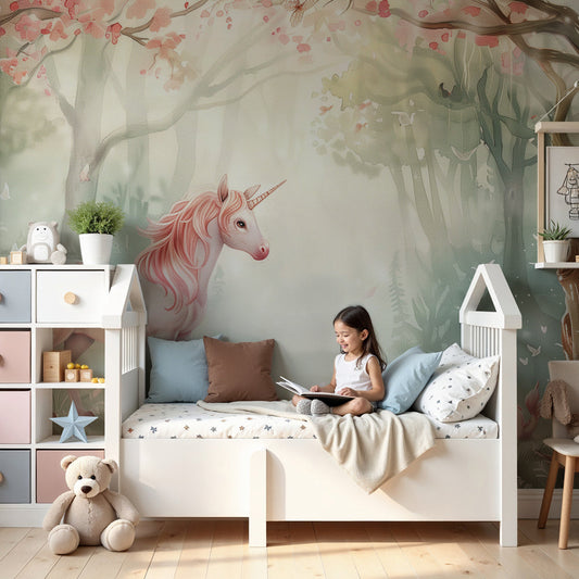 Kids-Mundo enchanted forest wall mural with unicorn and bunnies in a soft baby nursery