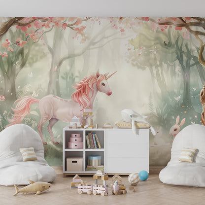 Kids-Mundo enchanted unicorn forest mural bringing woodland magic to a playroom