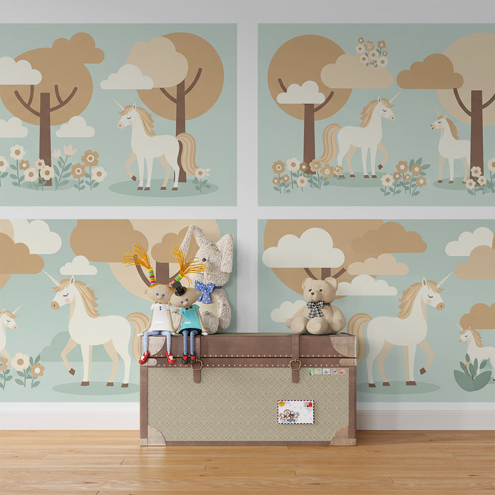 Kids-Mundo unicorns among trees wall mural bringing quiet adventure to a children's playroom