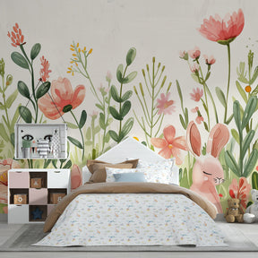 Garden themed mural wallpaper transforming baby room into magical space