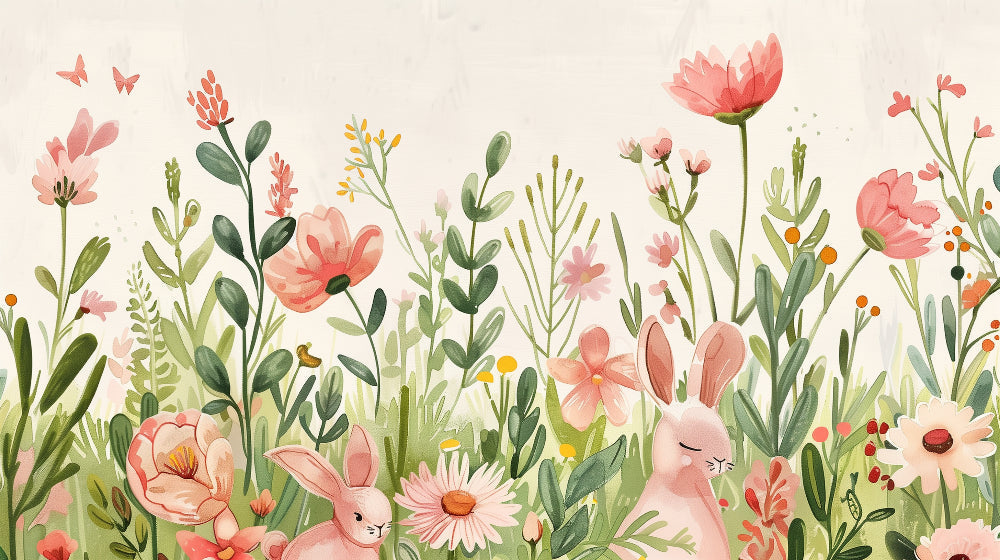 Detailed enchanted garden mural wallpaper design pattern with rabbits and pastel flowers by Kids-Mundo