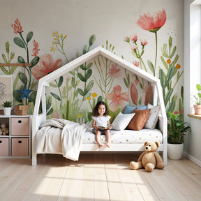 Enchanted garden mural wallpaper with pastel rabbits in modern nursery by Kids-Mundo