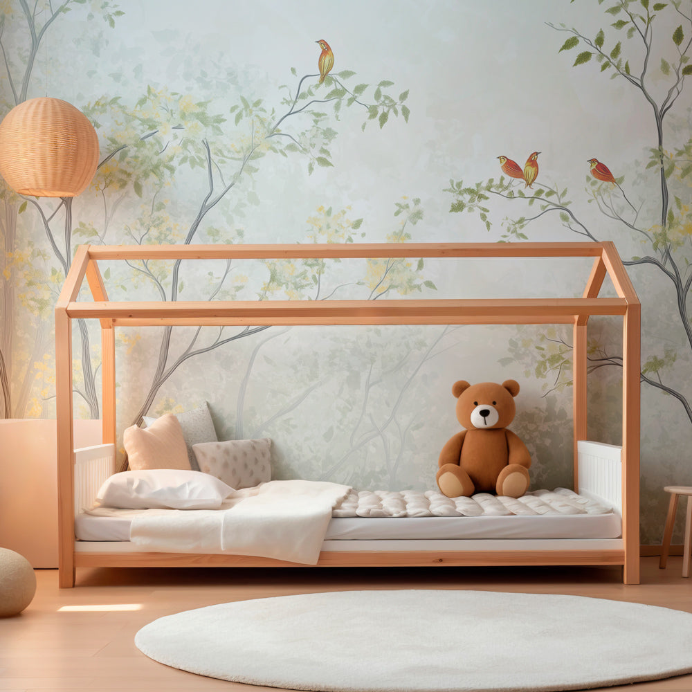 Kids-Mundo enchanted forest mural with perched birds brightening a playful children's playroom wall.